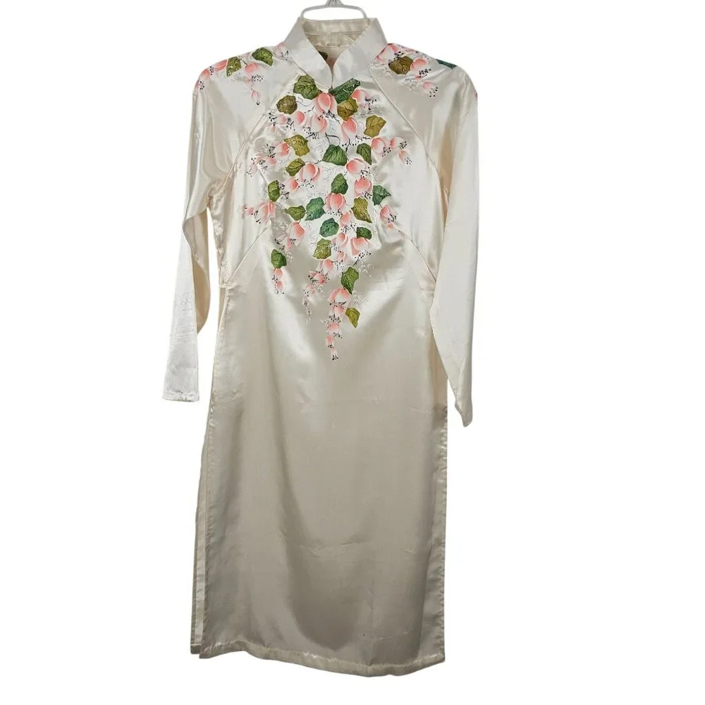 VTG Robe + Pant Sleepwear Set White Satin Floral Soft Loungewear Retro MCM OS